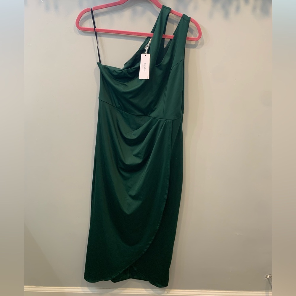 Zalaus Dark Green One-Shoulder Dress